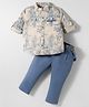ToffyHouse Poplin Woven Full Sleeves Tropical Theme Printed Party Shirt & Pant Set with Suspender - Blue