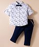 ToffyHouse Poplin Woven Full Sleeves Space Theme Printed Party Shirt & Trouser Set With Bow & Suspender - Navy Blue & White