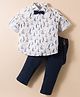 ToffyHouse Poplin Woven Full Sleeves Nautical Theme Printed Party Shirt & Pant Set with Suspender & Bow - Navy Blue