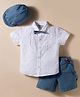 ToffyHouse Cotton Knit Half Sleeves Printed Party Shirt & Shorts Set With Bow Suspender & Cap - Teal Blue & White