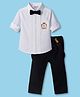 ToffyHouse Cotton Knit Full Sleeves Embroidered Party Shirt & Trouser Set With Bow & Suspender - Black & White