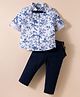 ToffyHouse Cotton Knit Full Sleeves Bird Printed Party Shirt & Trouser Set With Bow & Suspender - Navy Blue & White