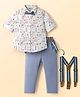 ToffyHouse Cotton Knit Full Sleeves Printed Shirt & Pant Set With Suspender & Bow - Blue