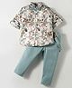 ToffyHouse Cotton Woven Full Sleeves Floral Printed Shirt & Pant Set With Bow & Suspender - Teal Blue