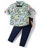 ToffyHouse Cotton Woven Full Sleeves Animals Printed Shirt & Pant Set With Bow & Suspender - Navy Blue