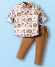 ToffyHouse Cotton Knit Full Sleeves Animal Printed Party Shirt & Trouser Set With Bow & Suspender - Brown