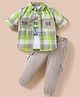 ToffyHouse Cotton Knit Full Sleeves Checks Shirt & Trouser Set With Teddy Bear Printed Inner Tee - Green & Light Grey