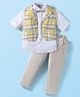 ToffyHouse Cotton Knit Full Sleeves Checks 3 Piece Party Suit With Bow - Light Grey & Yellow