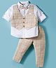 ToffyHouse Cotton Knit Full Sleeves Checks Party Shirt & Trouser Set With Bow - Tan & White