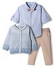 ToffyHouse Cotton Knit Full Sleeves Checks Party Shirt & Trouser Set With Bow & Sweatjacket - Light Blue