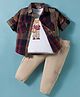 ToffyHouse Cotton Woven Full Sleeves Shirt T-Shirt and Trouser Set with Checks & Teddy Print - Brown White & Tan