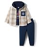ToffyHouse Cotton Woven Full Sleeves Checkered Hooded Shirt & Joggers Set with T-Shirt - Navy Blue & Tan