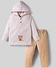 ToffyHouse Cotton Woven Full Sleeves Hooded T-Shirt and Joggers Set with Stripes & Text Embroidery & Kangaroo Pockets - Tan