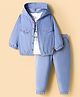 ToffyHouse Cotton Woven Full Sleeves Solid Color Hooded Shirt & Joggers Set with T-Shirt - Light Blue