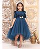 Toy Balloon Kids Net Woven Half Puffed Sleeves Velvet Sequin Bow Applique Detailed Dress - Teal Blue