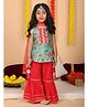 Kinder Kids Cotton Woven Sleeveless Floral Printed & Gota Lace Embellished Kurti Sharara With Dupatta Set - Green