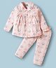 Teddy Sinker Knit Full Sleeves Co-ords Night Suit With Cat Print - Peach
