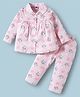 Teddy Sinker Knit Full Sleeves Co-ords Night Suit With Cat Print - Peach