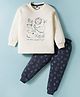 Teddy Interlock Knit Full Sleeves Night Suit With Animal Print - White & Navy Blue