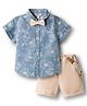 ToffyHouse Poplin Woven Half Sleeves Floral Printed Shirt & Shorts Set with Bow & Suspender - Tan & Light Blue