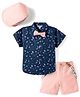 ToffyHouse Cotton Woven Half Sleeves Space Theme Printed Party Shirt & Shorts Set With Bow Suspender & Hat - Light Red & Navy Blue
