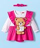 Babyhug Interlock Knit 100% Cotton Frock Style Onesies with Hairband & Teddy Patch- Dark Pink