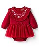 Babyhug 100% Cotton Knit Full Sleeves Frock Style Onesie With Floral Print & Bow Applique - Red