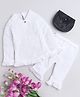 Little Angels Woollen Woven Full Sleeves Thread Work Lace Embellished Sweater & Pant Set - White