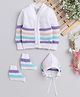 Little Angels Wollen Woven Full Sleeves Striped Cardigan With Cap & Socks Set - Violet & Multi Colour