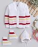 Little Angels Wollen Woven Full Sleeves Striped Cardigan With Cap & Socks Set -Red