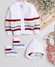 Little Angels Wollen Woven Full Sleeves Striped Cardigan With Cap & Socks Set - White & Red