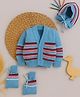 Little Angels Wollen Woven Full Sleeves Striped Cardigan With Cap & Socks Set - Blue