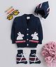 Little Angels Woollen Woven Full Sleeves Rabbit Designed  Cardigan With Cap & Socks -  Navy Blue