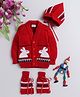 Little Angels Wollen Woven Full Sleeves Bunny Designed Cardigan With Cap & Socks Set - Red