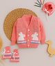 Little Angels Woollen Woven Full Sleeves Rabbit Designed  Cardigan With Cap & Socks -Neon Pink