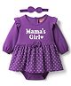 Babyhug 100% Cotton Knit Full Sleeves Heart Printed Frock Style Onesie With Bow Applique & Hairband - Violet