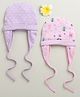 BUMZEE Cotton Knit Pack Of 2 Polka Dots & Animals Printed Caps With Ear Flap - Lilac & Lavender - Diameter - 36 Cm