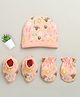 BUMZEE Cotton Knit Bees Print ed Cap Mitten & Booties Set - Peach
