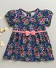 BUMZEE Cotton Knit Half Puffed Sleeves Floral Printed Dress - Navy Blue