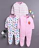 BUMZEE Cotton Knit Pack Of 3 Full Sleeves Bear Printed & Striped Sleepsuits - Baby Pink & White