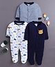 BUMZEE Cotton Knit Pack Of 3 Full Sleeves Car Printed Sleepsuit - Navy & White