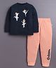 BUMZEE Cotton Knit Full Sleeves Ballerinas Printed Night Suit Set - Navy & Pink