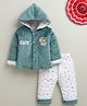 BUMZEE Cotton Blend Knit Full Sleeves Bears Embroidery Hooded Top & Pants Set - Teal & White