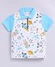 Little Ninja Cotton Knit Half Sleeves Colour Blocked & Space Theme Printed Polo Tee - Blue & White