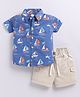 Little Ninja Cotton Knit Half  Sleeves Boats Printed Shirt With Shorts Set - Blue & Cream
