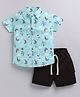 Little Ninja Cotton Knit Half  Sleeves Boats Printed Shirt With Shorts Set - Green & Black