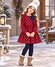 CrayonFlakes Knit Winter Polar Fleece Full Sleeves Polka Dot Printed & Frill Detailed Dress With Leggings - Red