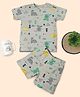 RAINE AND JAINE Cotton Knit Half Sleeves Dinosaur Printed Coordinating Tee & Shorts Night Suit Set - Grey