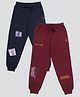 Kiddopanti Pack Of 2 Cotton Fleece Knit London And Seoul Text Printed Track Pant - Navy & Maroon
