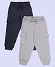 Kiddopanti Pack Of 2 Cotton Fleece Knit Solid Cargo Pocket Detailed Track Pants  - Navy Blue & Grey Melange